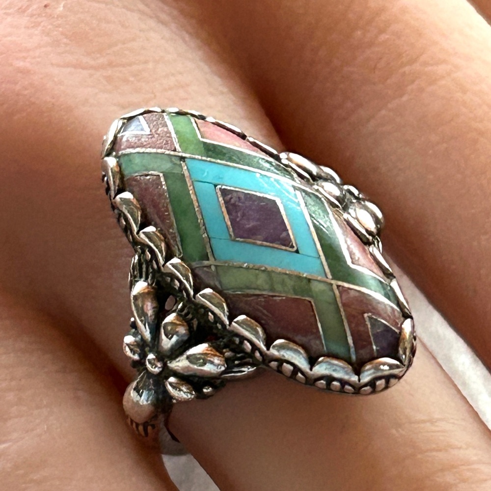 Carolyn Pollack Silver Ring with Turquoise and Purple Inlay - Picture 12 of 16